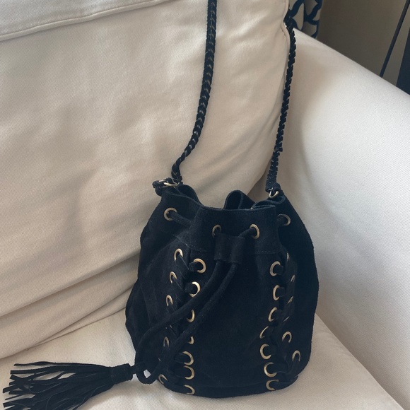 Black Suede/gold accents drawstring purse. - Picture 1 of 8